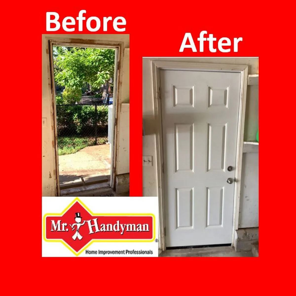 An exterior doorway before and after the frame and door have been replaced and refinished by Mr. Handyman.