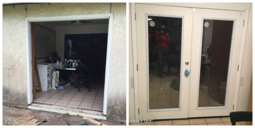 A set of glass exterior doors and a large doorway before and after the doors have been installed by Mr. Handyman.