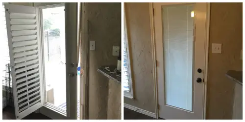 The front door of a home with a cracked door frame before and after the door and frame have been repaired by Mr. Handyman.
