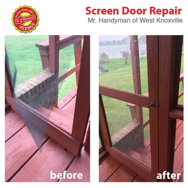 A screen door before and after it has been repaired by Mr. Handyman.