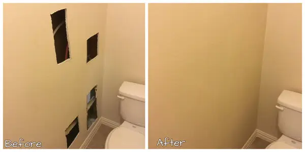 A bathroom wall with several holes before and after the wall has been repaired by a Flower Mound handyman.