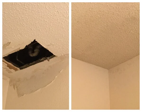 A damaged drywall ceiling before and after repairs have been completed by a Sachse handyman.