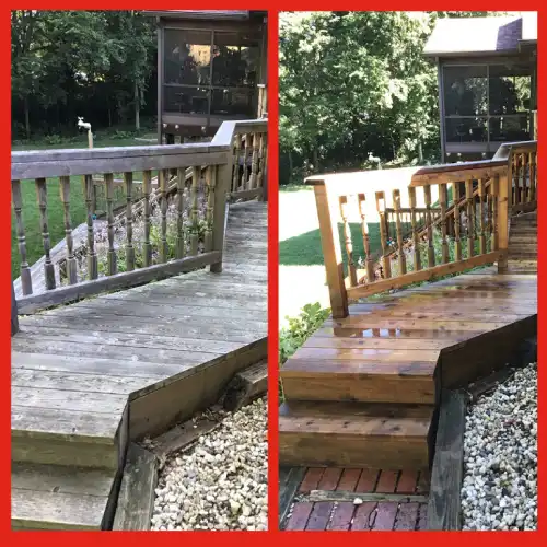 A deck before being pressure washed and repaired and after being pressure washed and repaired by Mr. Handyman.