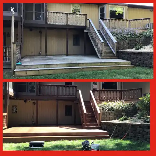 A large deck before and after being pressure washed by Mr. Handyman.