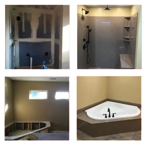 Different stages of a bathroom remodel project done by Mr. Handyman of Metro East.