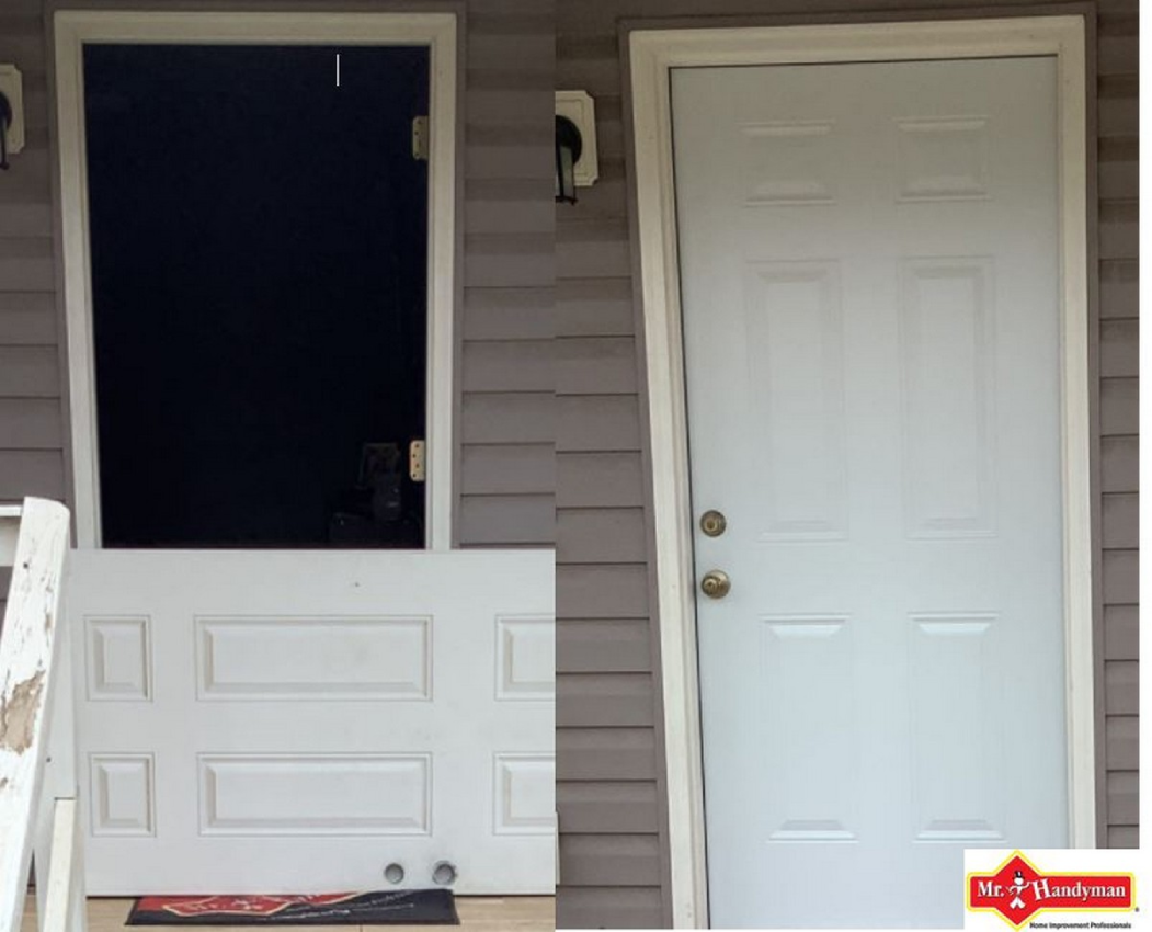 Before and after photo showcasing door installation service provided by a handyman in Mustang, OK.