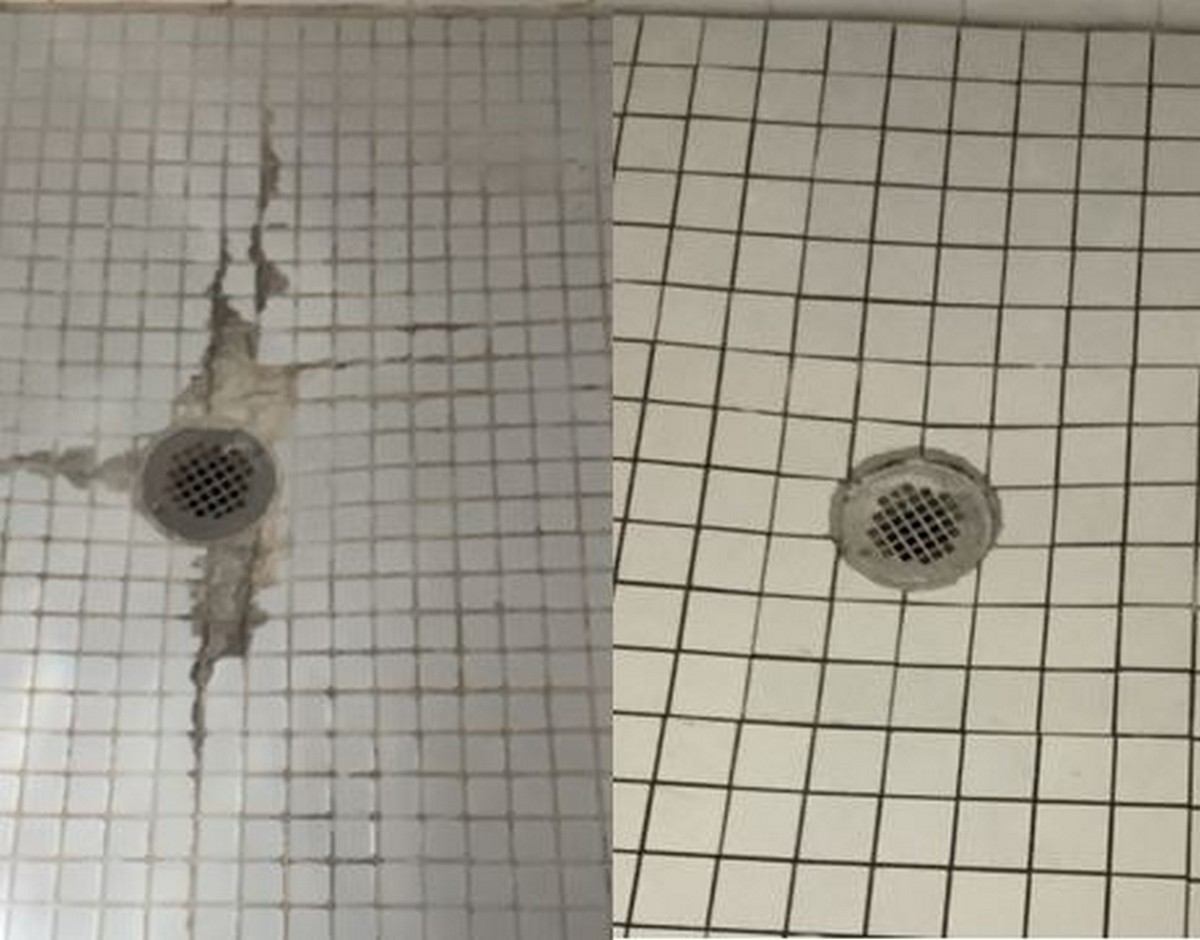 Before and after photo of tiles around a drain repaired by a Mustang handyman.