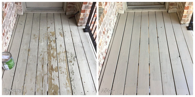 An old deck with peeling paint before and after it has been repaired and refinished by Mr. Handyman.