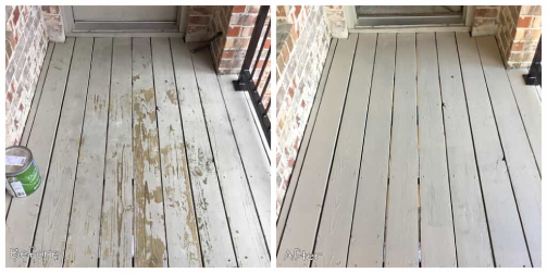 An old, gray deck before and after it has been repaired and refinished by Mr. Handyman.