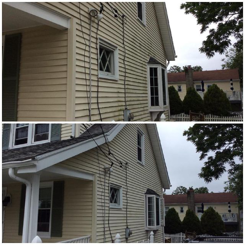 Vinyl siding before and after it has been pressure washed by Mr. Handyman.