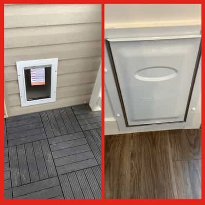 The interior and exterior of a new doggy door installed by Mr. Handyman.