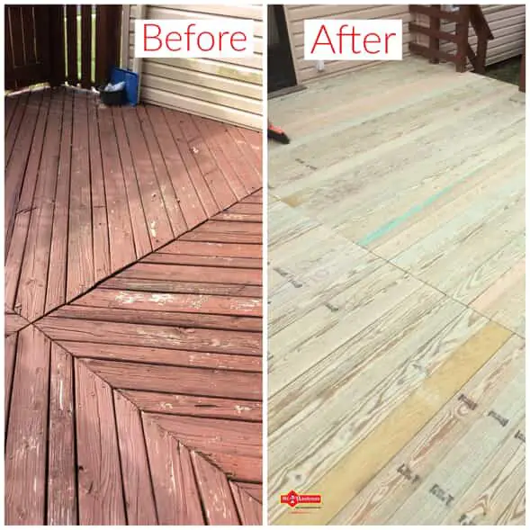 A residential deck before and after the deck boards have been replaced by Mr. Handyman.