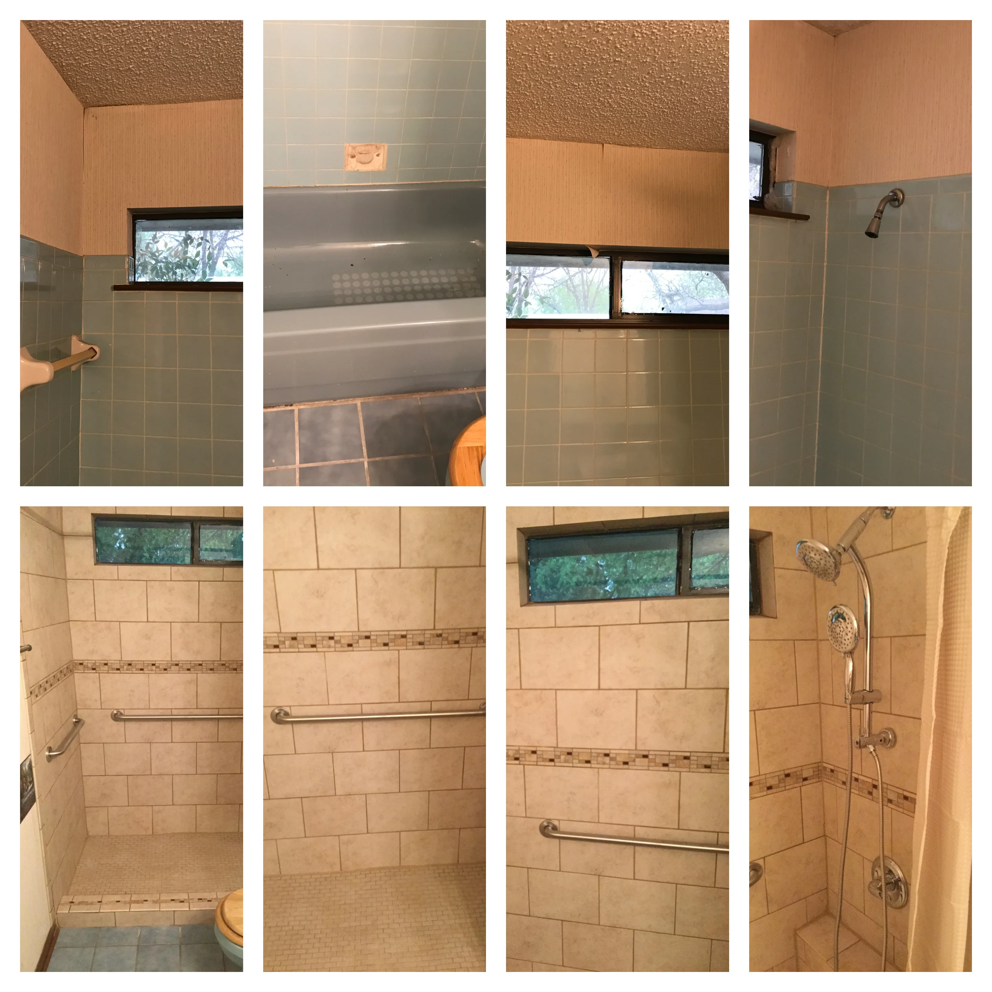 Several points of view of a shower remodel before and after it has been completed by a Sachse handyman.