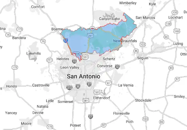 A black-and-white map of San Antonio, TX, showing the area served by Mr. Handyman in color.