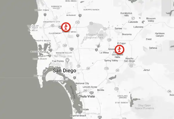 A black-and-white map of San Diego, CA, and two red icons showing the locations of Mr. Handyman in the area.