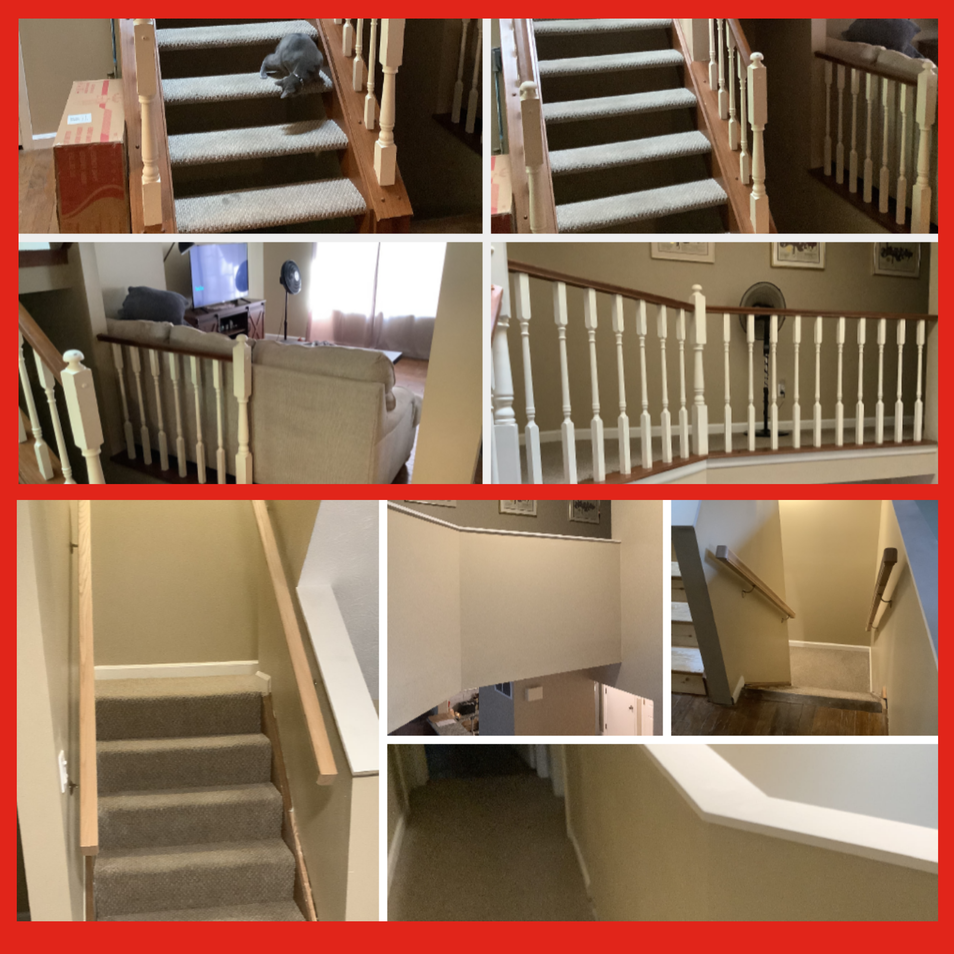 A set of stairs and a landing in a home before and after the railing has been replaced with drywall by Mr. Handyman.