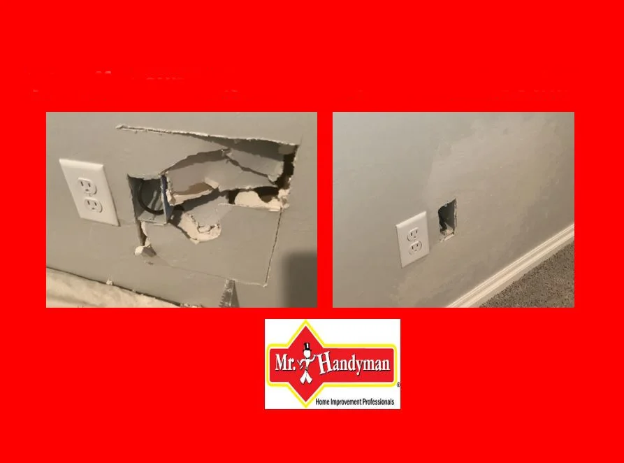 A wall with an electrical outlet and a large hole before and after the hole has been repaired and the wall has been refinished by Mr. Handyman.  