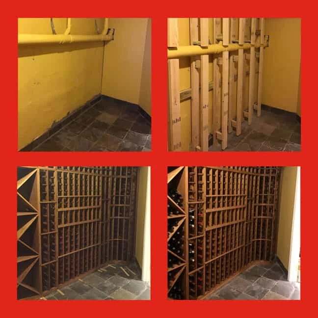 A custom, floor-to-ceiling wine rack at various stages of being built by Mr. Handyman of Western Main Line