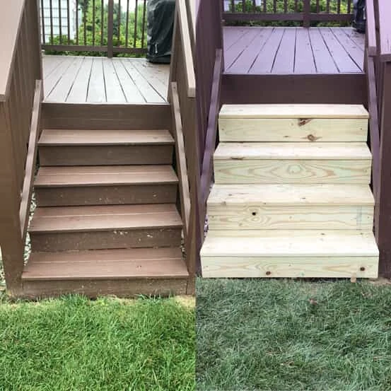 The stairs on the side of a deck before and after wood boards have been replaced by Mr. Handyman of the Western Main Line.