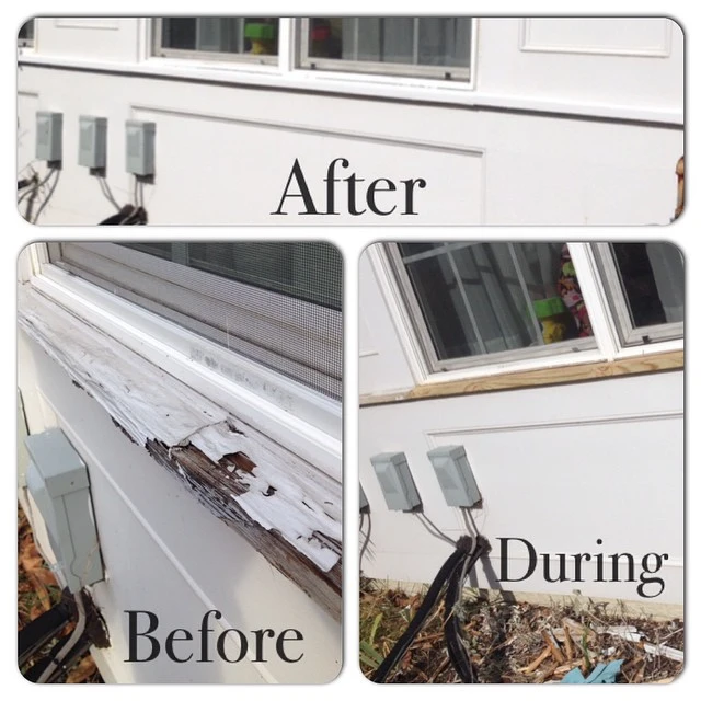 An exterior window frame before, during, and after it has been repaired by Mr. Handyman.