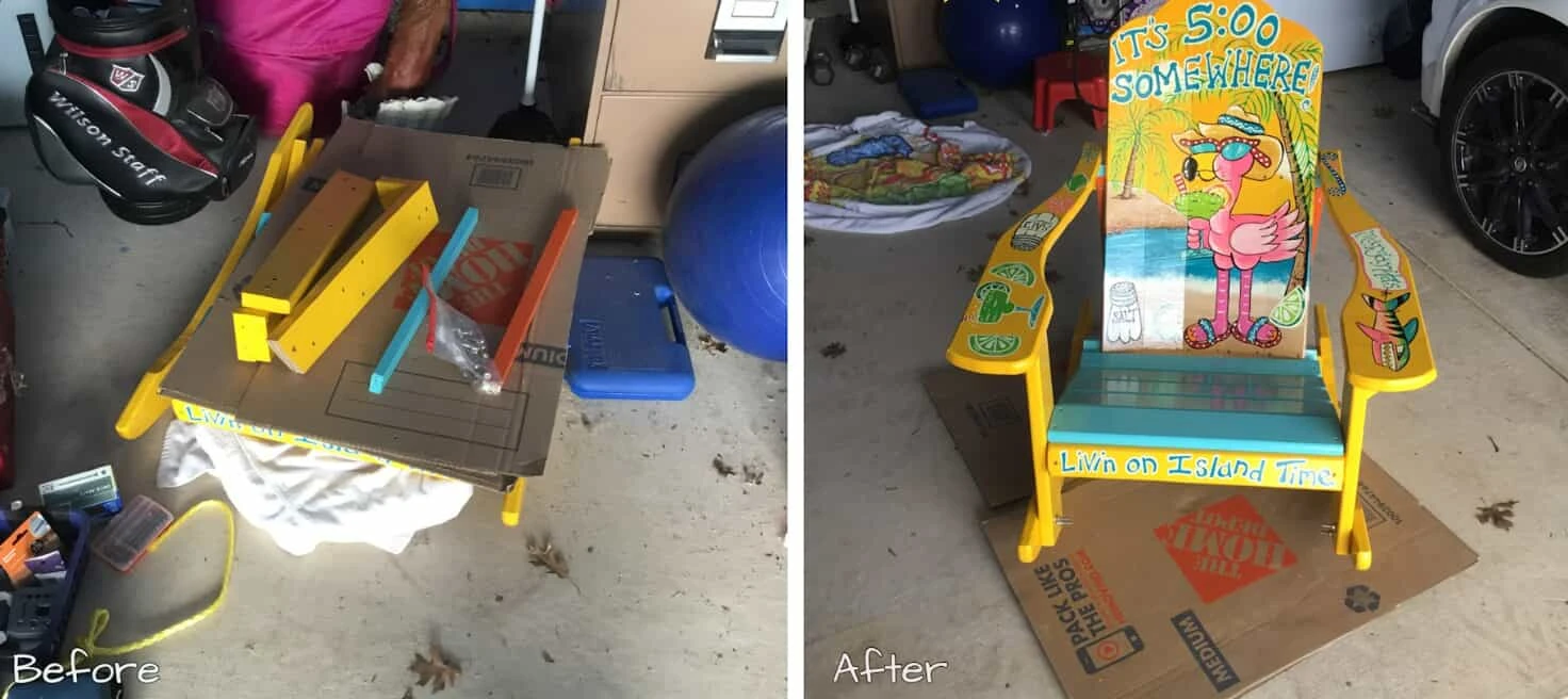A colorful reclining deck chair before and after it has been assembled by Mr. Handyman.