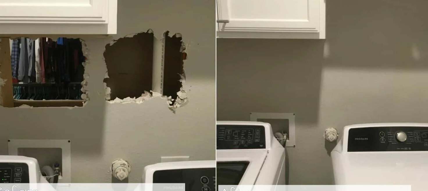 A wall in a laundry room with a large hole before and after drywall repairs have been completed by Mr. Handyman.