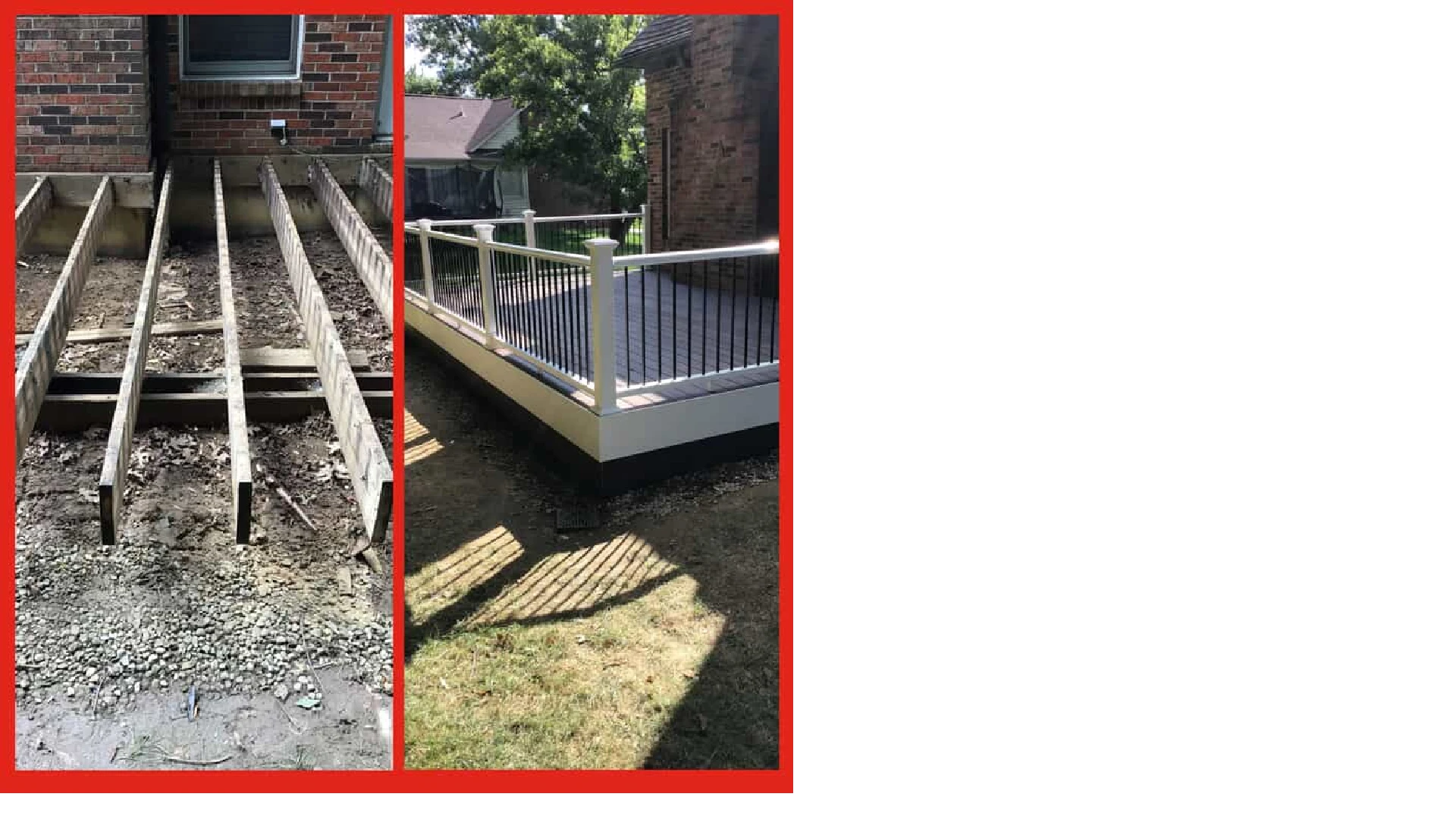 Images of the early and final stages of a deck installation project completed by Mr. Handyman.