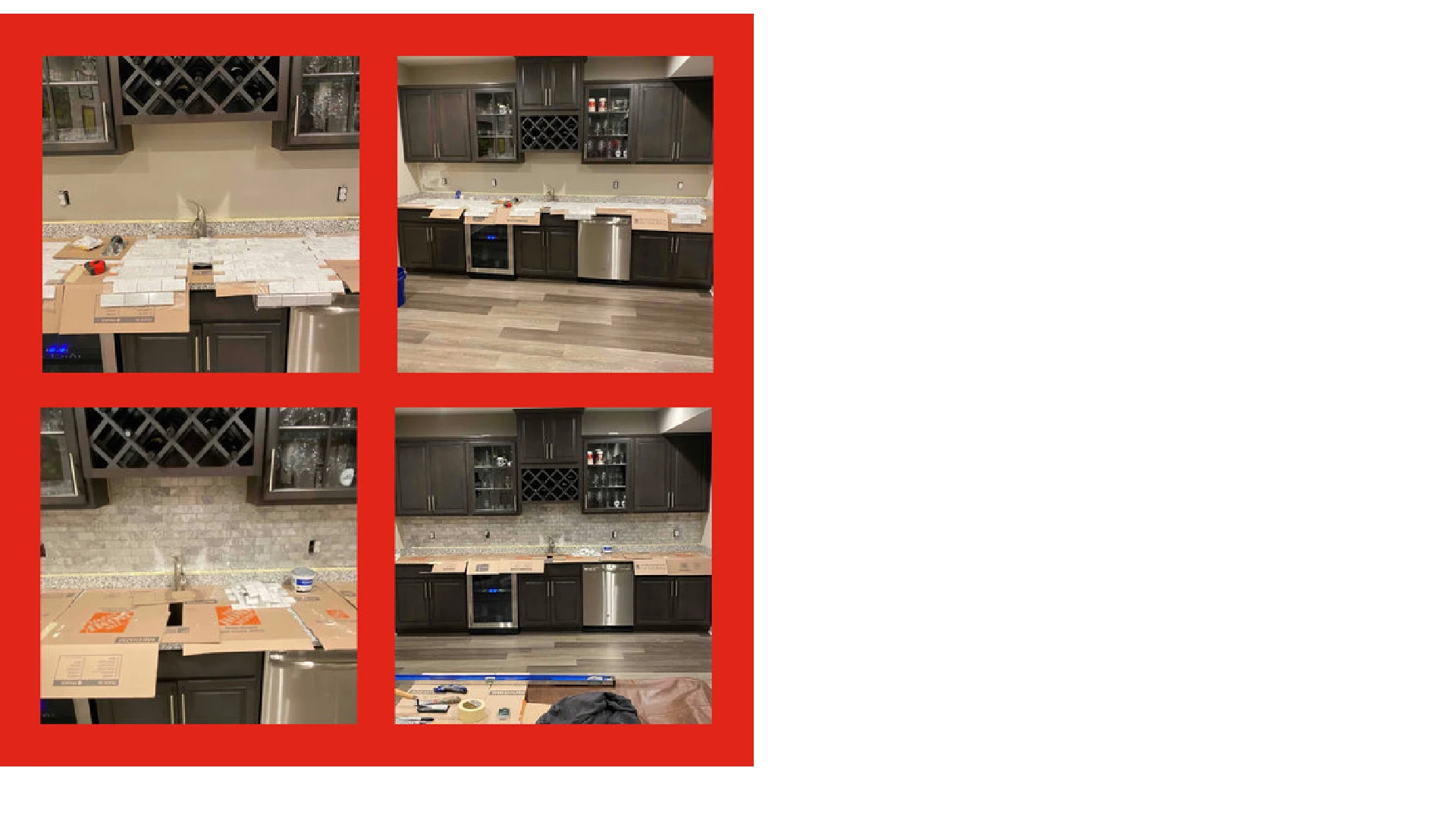 A close-up and wide view of a kitchen backsplash before and after a new tile installation has been completed by Mr. Handyman.