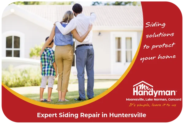 Parents and child looking at home exterior.