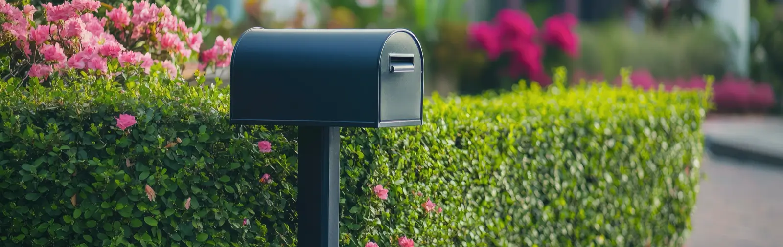 A black metal mailbox installed next to a bush