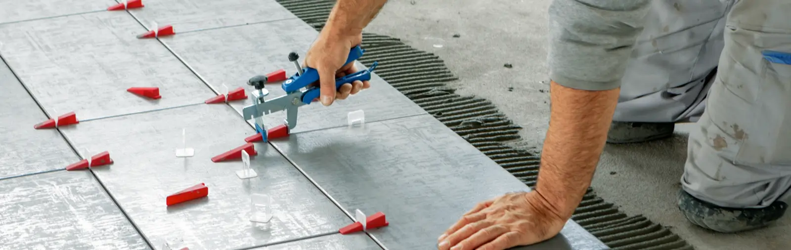 Floor tiles being installed