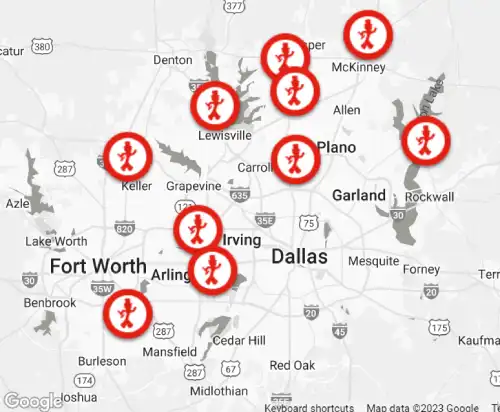 Dallas Fort Worth map with Mr. Handyman locations noted with handyman icon contained in circle.