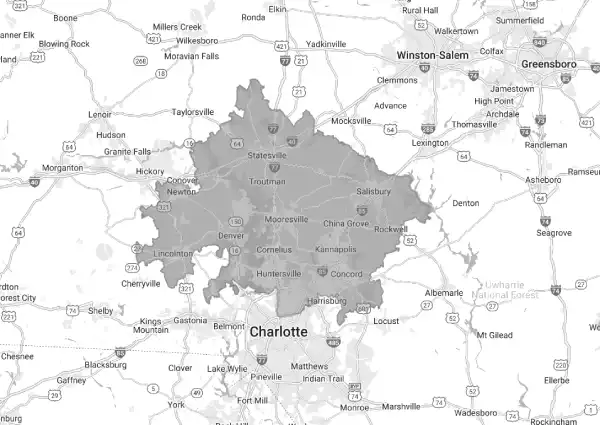 Black-and-white map showing Greater Charlotte, NC, with the area in which Mr. Handyman operates depicted in dark gray.