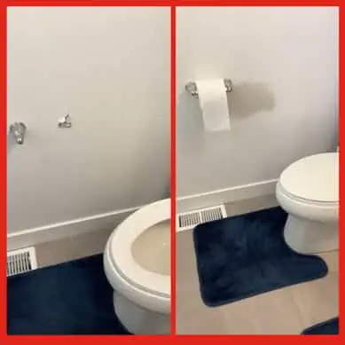 A bathroom wall with a hole where a toilet paper holder has been removed, and the same wall after the hole has been repaired by Mr. Handyman.