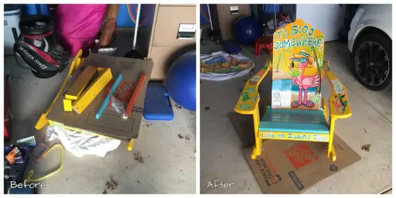  A colorful beach chair before and after it has been assembled by Mr. Handyman.