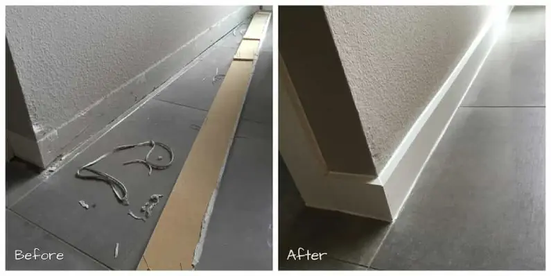 The bottom of a wall in a home after the baseboards have been removed, and the same wall after new baseboards have been installed.