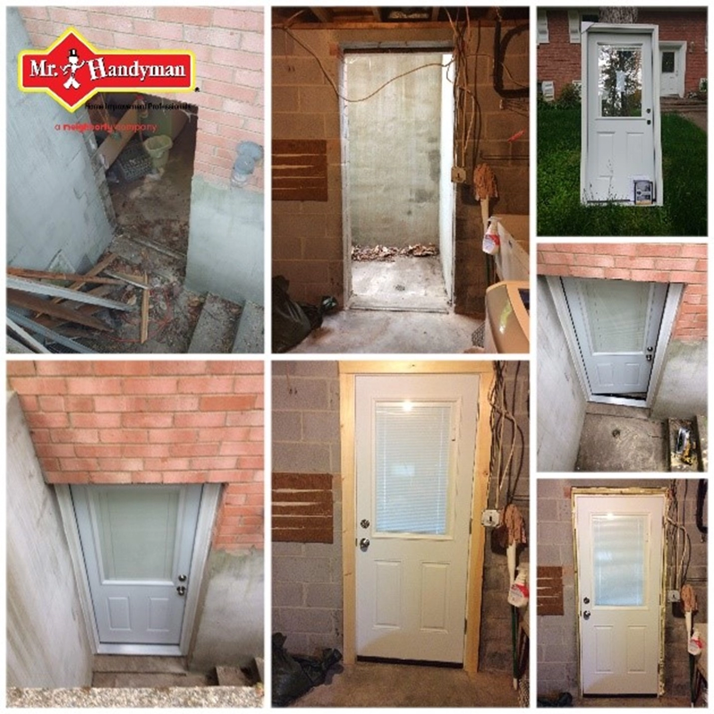 A basement doorway before, during and after a new door slab has been installed by Mr. Handyman.