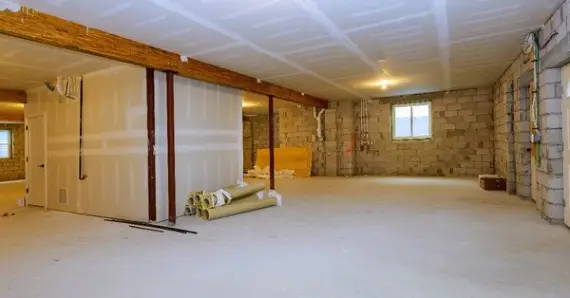 A large basement with an ongoing basement finishing project in Lehi, UT.