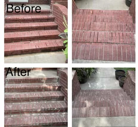 A small set of outdoor brick stairs before and after the mortar between the bricks has been replaced with Mr. Handyman’s services for brick repair in Wichita, KS.