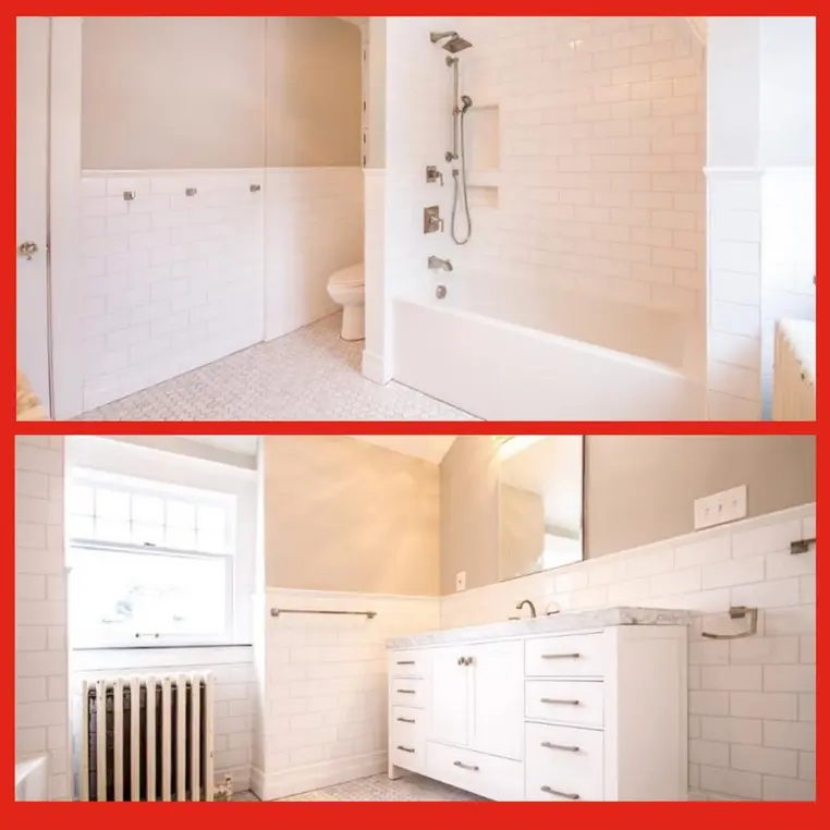 A modern bathroom remodel completed by Mr. Handyman with small, white floor tiles and white subway tiles on the wall.