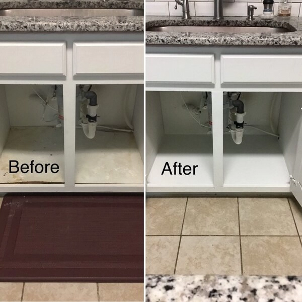 Cabinets below a kitchen sink before and after Mr. Handyman has provided Frisco cabinet repair service.