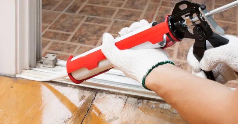 A handyman using a caulking gun to seal a gap between a door frame and the nearby flooring during an appointment for caulking service in Flower Mound, TX.