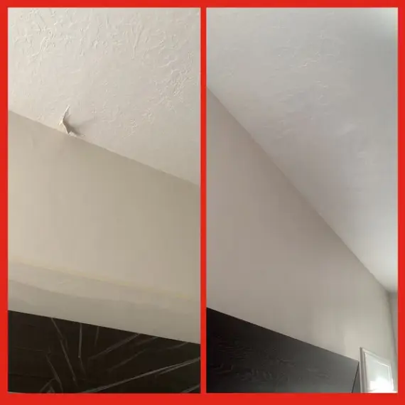 A textured ceiling with torn drywall before and after the drywall has been fixed and retextured by Mr. Handyman.