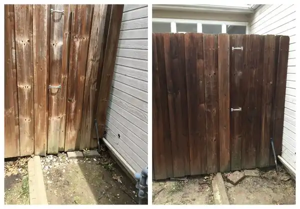 Fence before and after repairs by Mr. Handyman of Dallas.