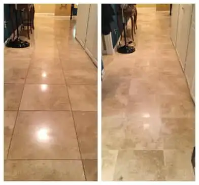 Before and after floor tile repair in a Dallas, TX, home.