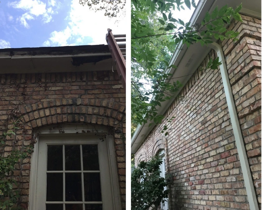 Damaged soffits underneath a home’s roof overhang and the new soffits installed to replace them by Mr. Handyman.