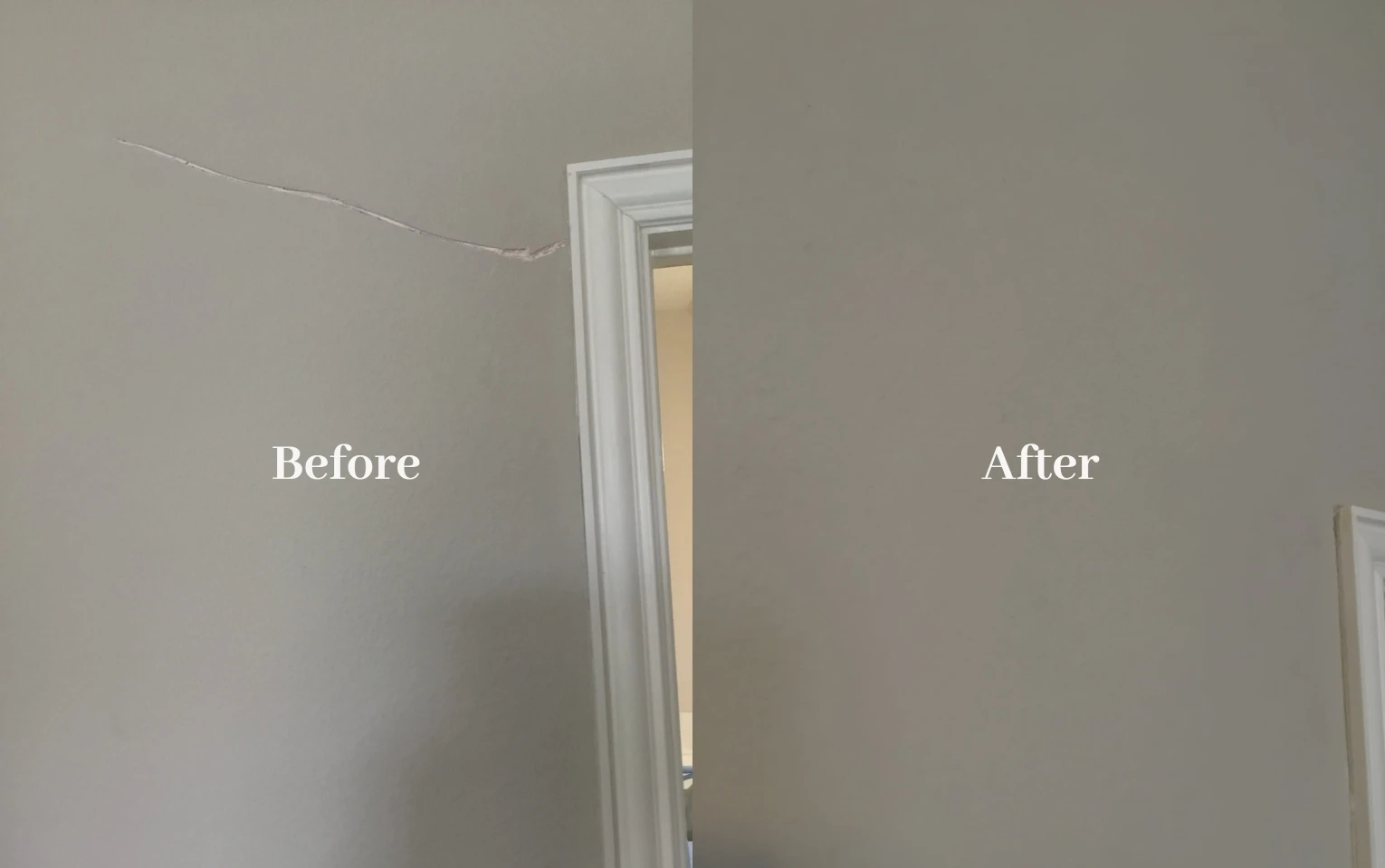 A wall in a home with a crack in the wall near a door frame before and after the cracked drywall has been fixed with Mr. Handyman’s services for Sheetrock repair in Denton, TX.
