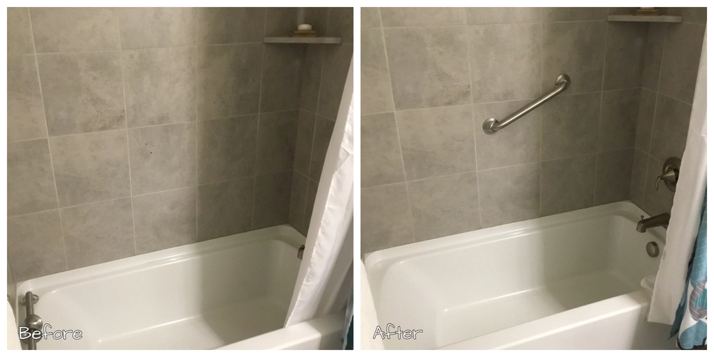 A residential shower before and after a grab bar has been installed on the shower’s wall.