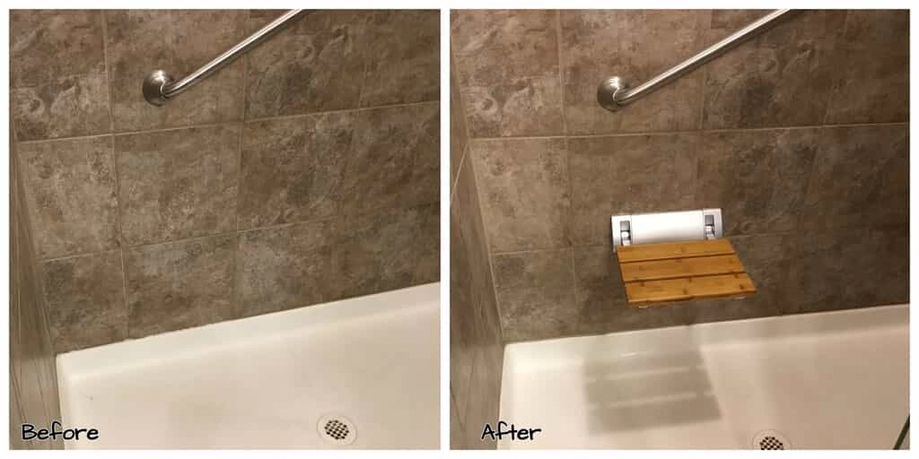 A shower and bathtub before and after a grab bar and shower seat have been installed by Mr. Handyman.