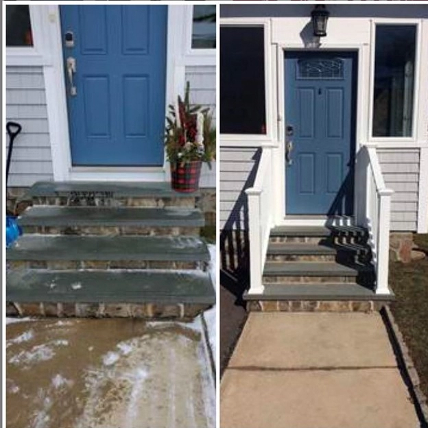 The door and front steps of a home before and after a railing has been installed by Mr. Handyman.